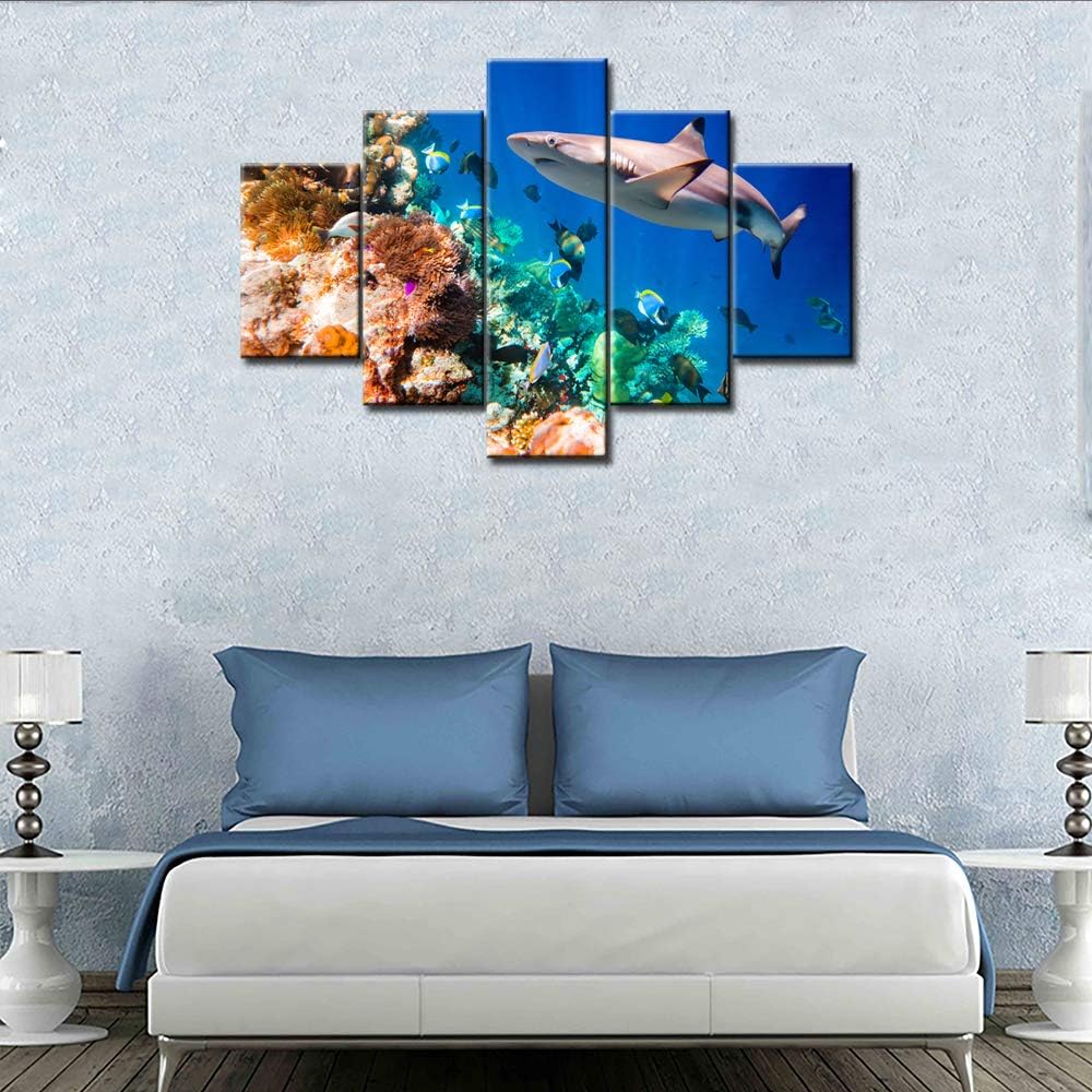 Shark Artwork for Walls Underwater World Picture Tropical Fishes Painting Multi Panel Prints Canvas Coral Reef Wall Art Home Modern Decor Stretched and Framed Ready to Hang in Living Room(60''Wx40''H)