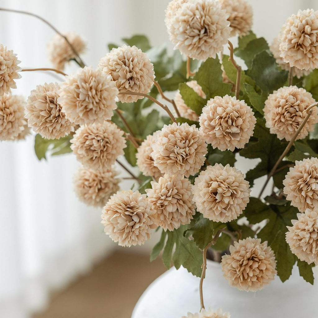 mizii 6Pcs Beige Fake Silk Pompon Mum Artificial Flowers Bulk Small Faux Chrysanthemums with Stems Realistic Floral Decorations for Wedding DIY Bouquet Centerpieces Shower Vase Home Decor (Beige)