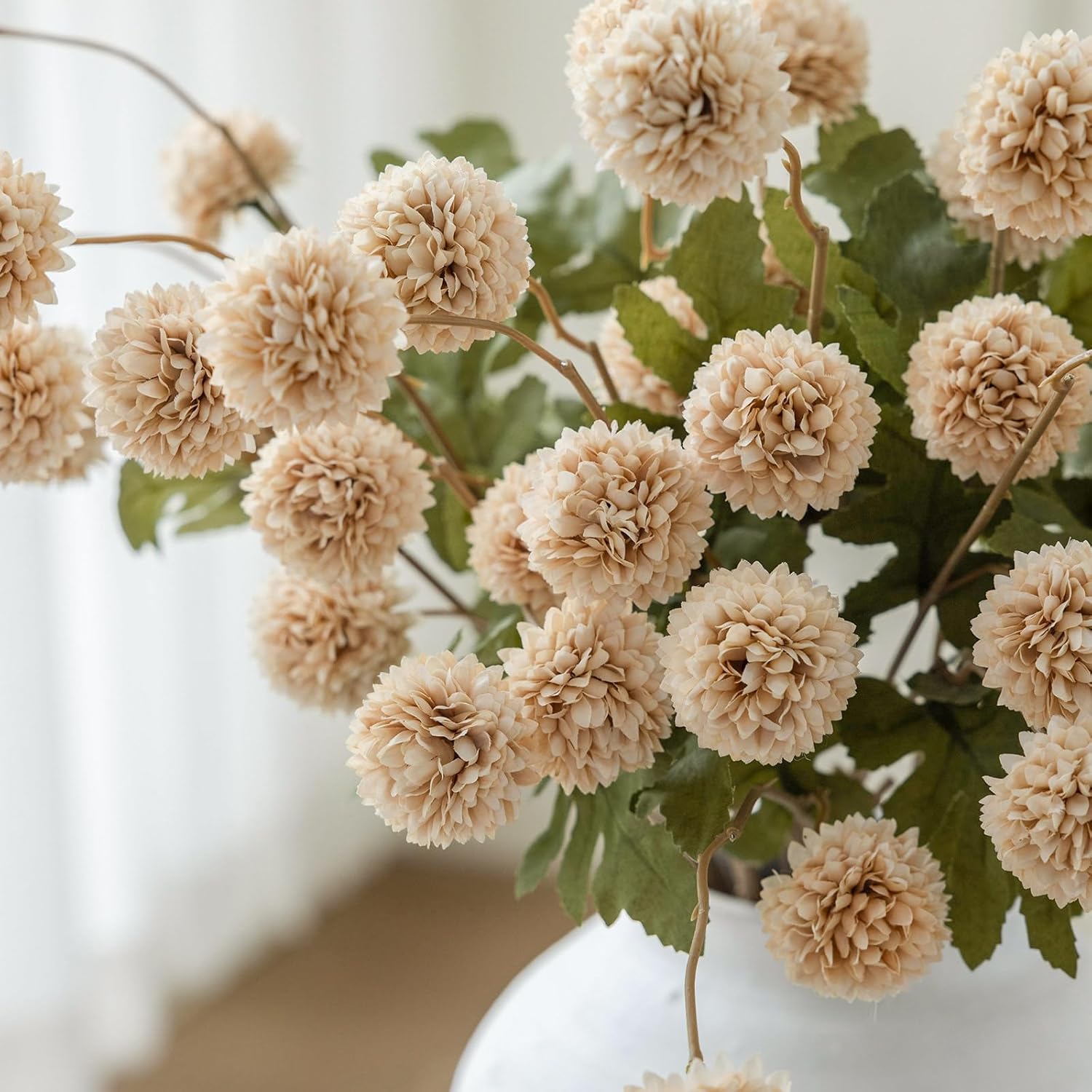 mizii 6Pcs Beige Fake Silk Pompon Mum Artificial Flowers Bulk Small Faux Chrysanthemums with Stems Realistic Floral Decorations for Wedding DIY Bouquet Centerpieces Shower Vase Home Decor (Beige)