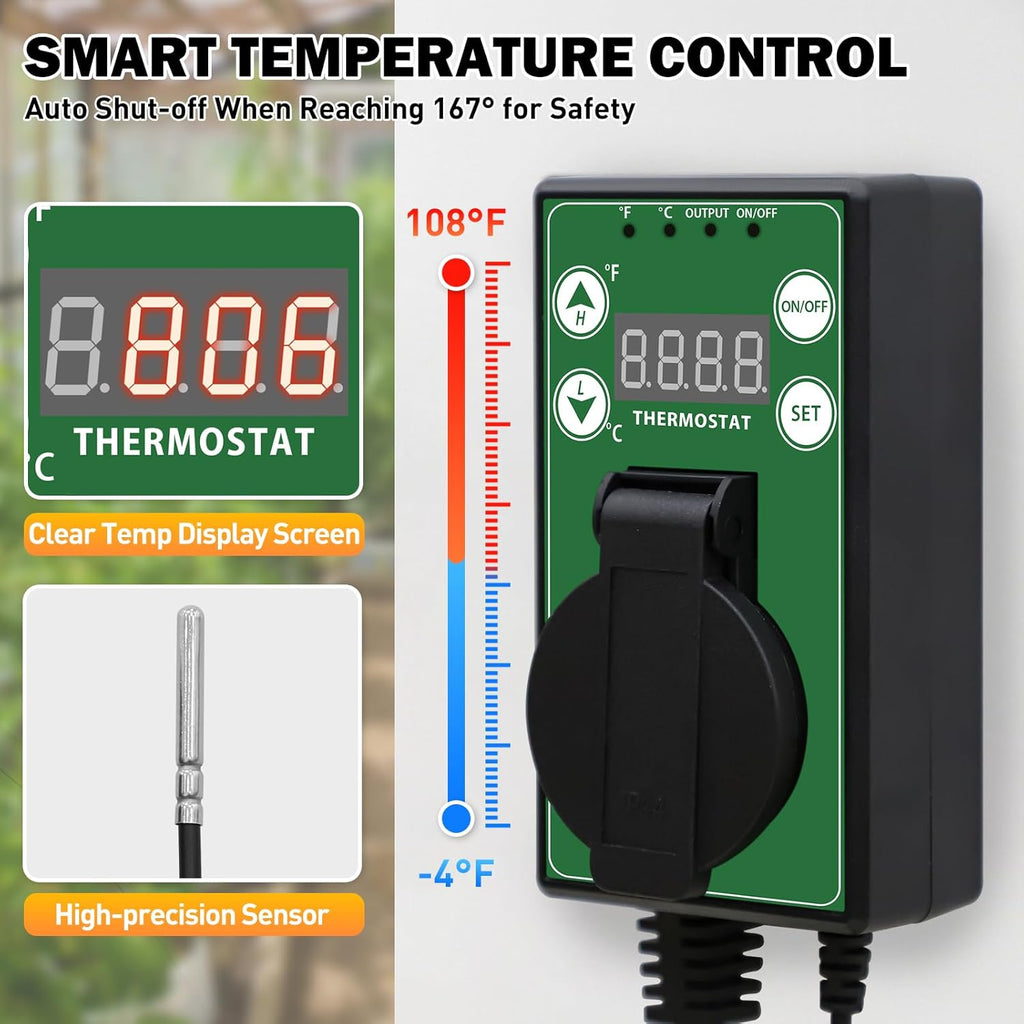COOS BAY Digital Thermostat Controller -4 to 108°F, Temperature Control for Greenhouse Heater, Heat Mat, Grow Tent, Garage, Reptile Enclosure, Homebrew, Seedling, 15A/1500W, Green, 2 Pack