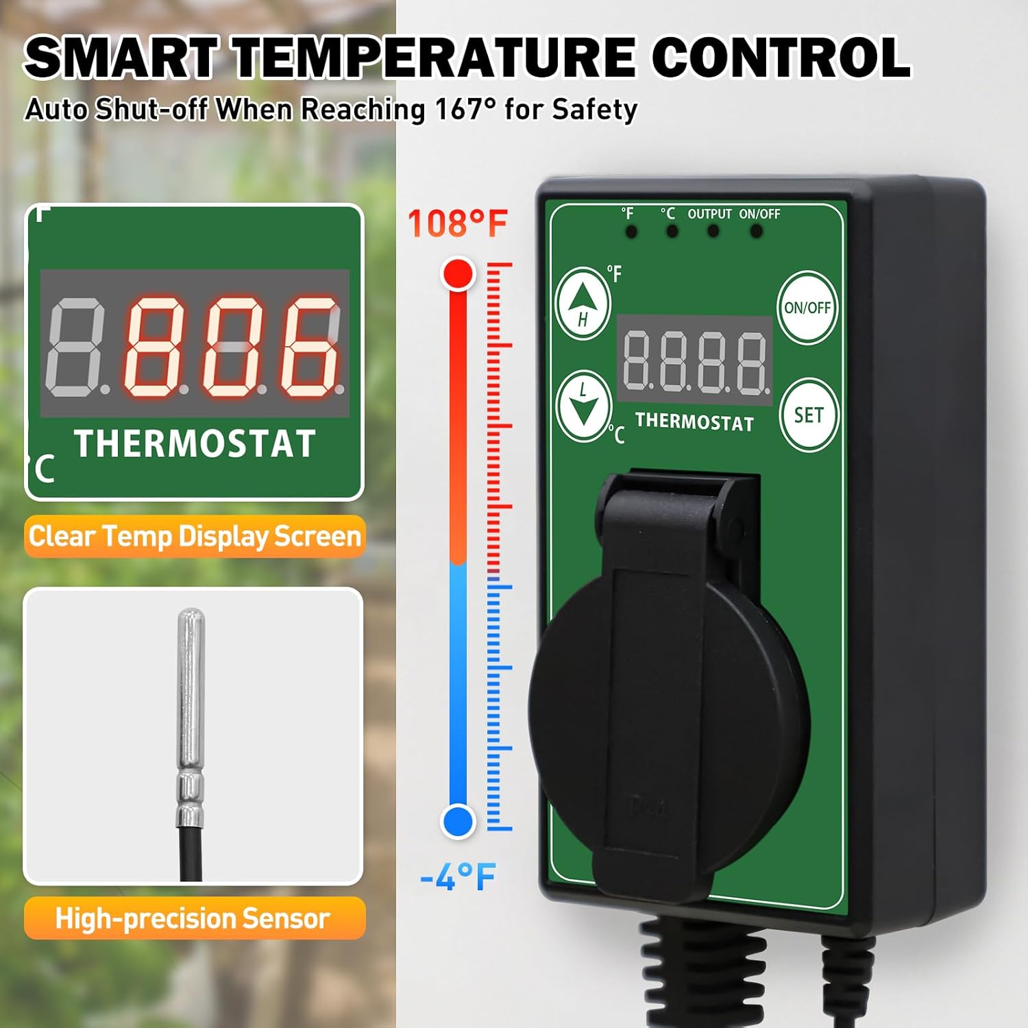 COOS BAY Digital Thermostat Controller -4 to 108°F, Temperature Control for Greenhouse Heater, Heat Mat, Grow Tent, Garage, Reptile Enclosure, Homebrew, Seedling, 15A/1500W, Green, 2 Pack