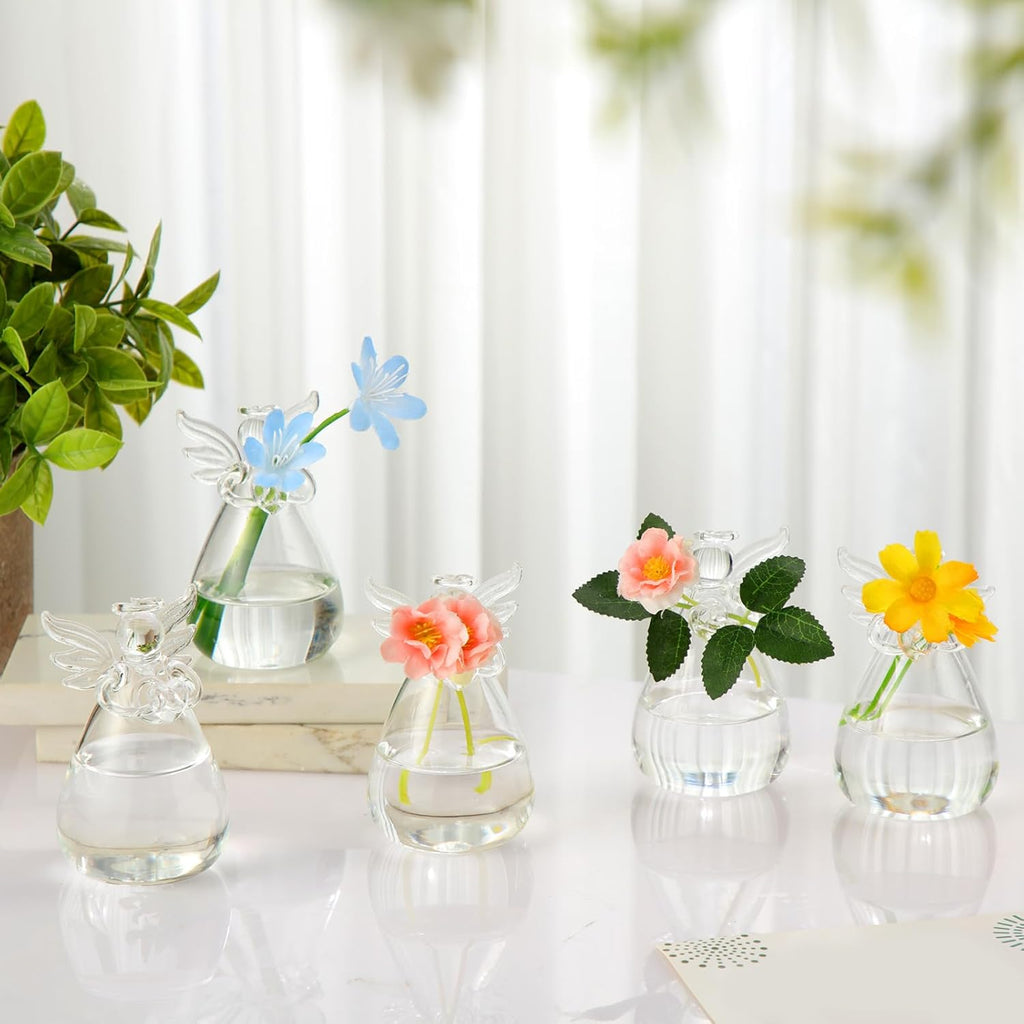 10 Pcs Angel Design Glass Vases Bulk Clear Guardian Angel Flower Vase Angel Centerpieces for Tables Plant Terrarium Container Wedding Decor Garden Ornaments Hanging Planter for Buds Greenery