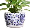 SQOWL Ceramic Pots for Plants - 8 inch Ceramic Planter with Drainage Hole and Saucer, Round Flower Pots for Indoor Plants, Porcelain Planter Outdoor, Porch Decor, Gifts for Women Men, Blue and White