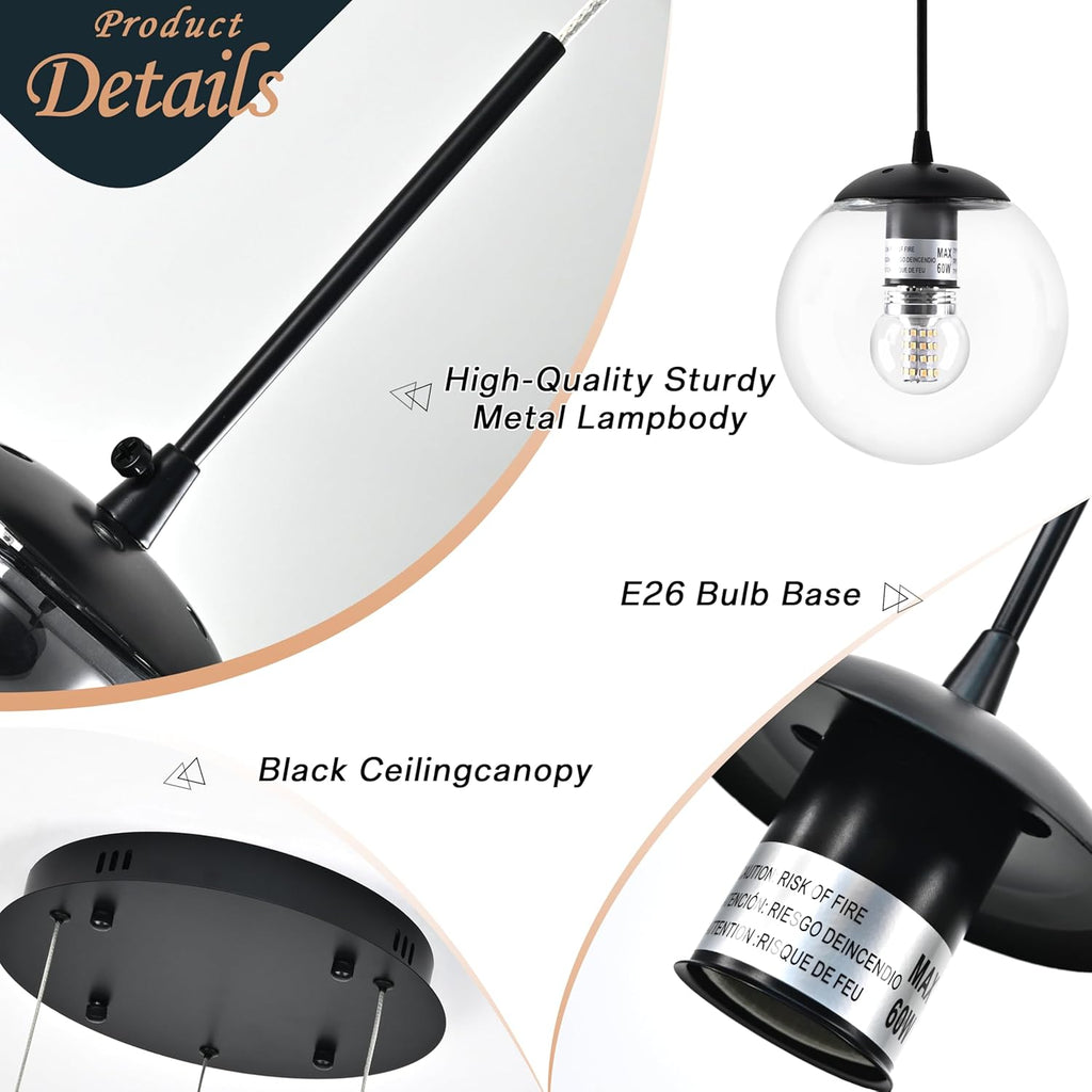 KoKo&Yukina 3-Light Globe Glass Pendant Light Modern Black Clear Globe Glass Chandelier Adjustable Length Pendant Lights Fixtures High Ceiling Light for Kitchen Island Foyer (Bulb & Remote Incl.)
