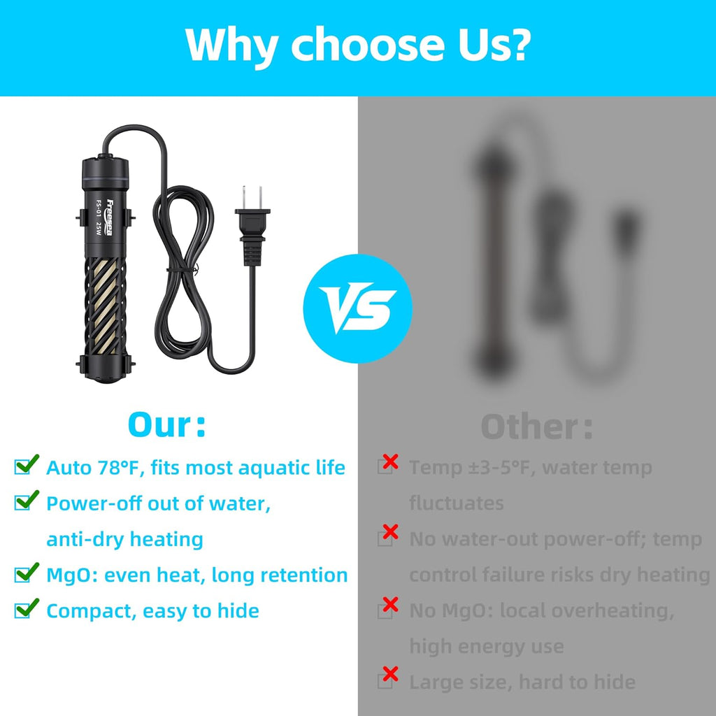 FREESEA Aquarium Heater for Fish Tank: 25W Small Submersible Thermostat with Off-Water Protection & UL Certified Cord for 1-5 Gallon Fish Turtle Tanks Enthusiasts