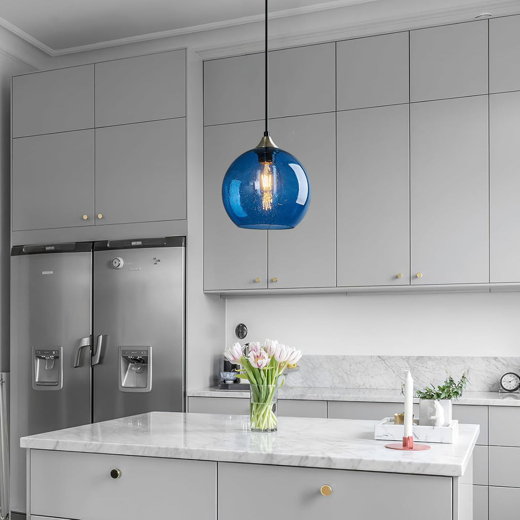 Blue Glass Pendant Lights Kitchen Island Lighting Globe Pendant Light Fixtures Modern Pendant Lighting for Kitchen Island Bedroom Living Dining Room Light Fixture(7.87in, 3-Pack)