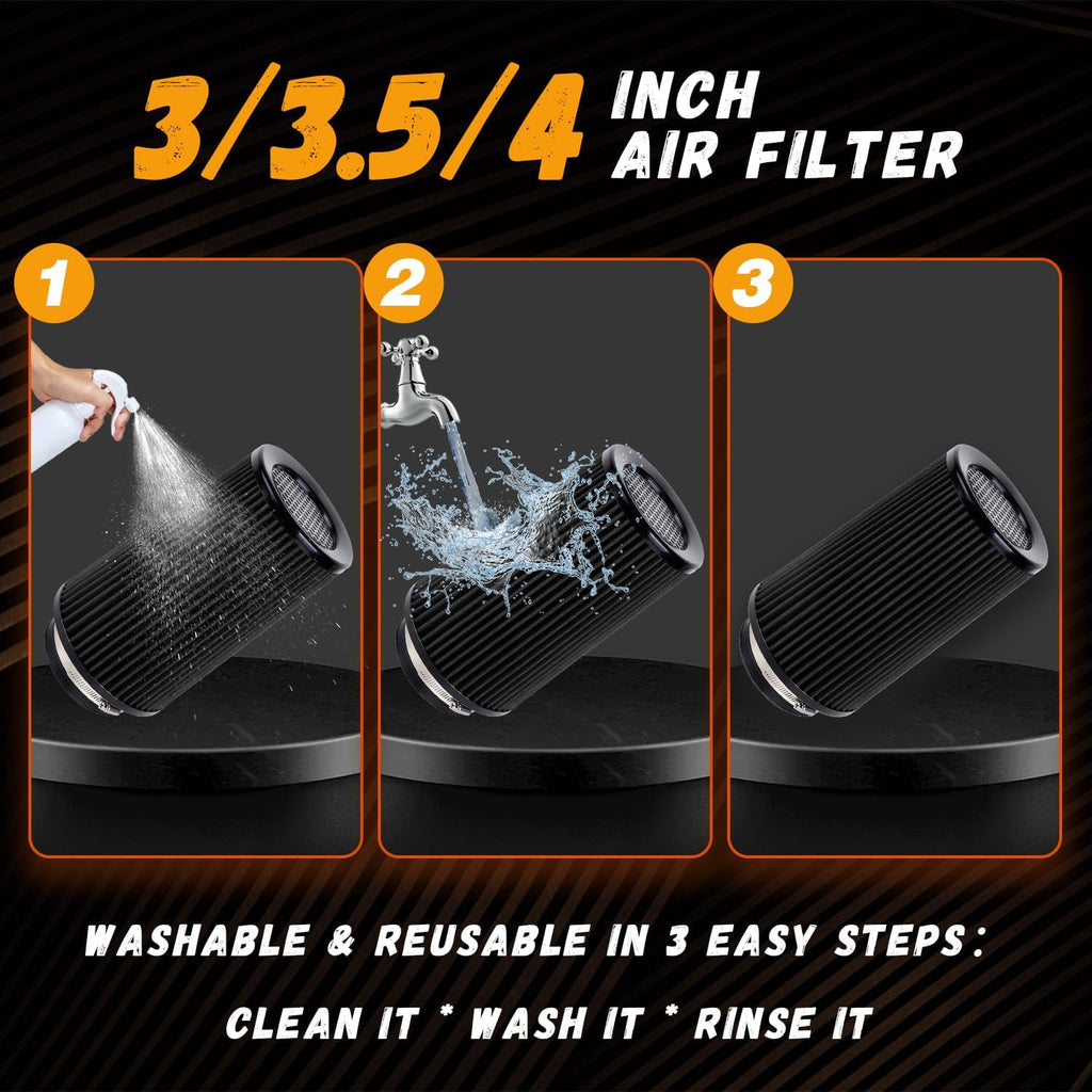 4-Inch Cold Air Intake Filter - Washable, High Performance, 3" or 3-1/2" or 4" Clamp-On Filter Height: 9 In Replacement Cone Air Filter Universal 3 Sizes in 1 (Black)