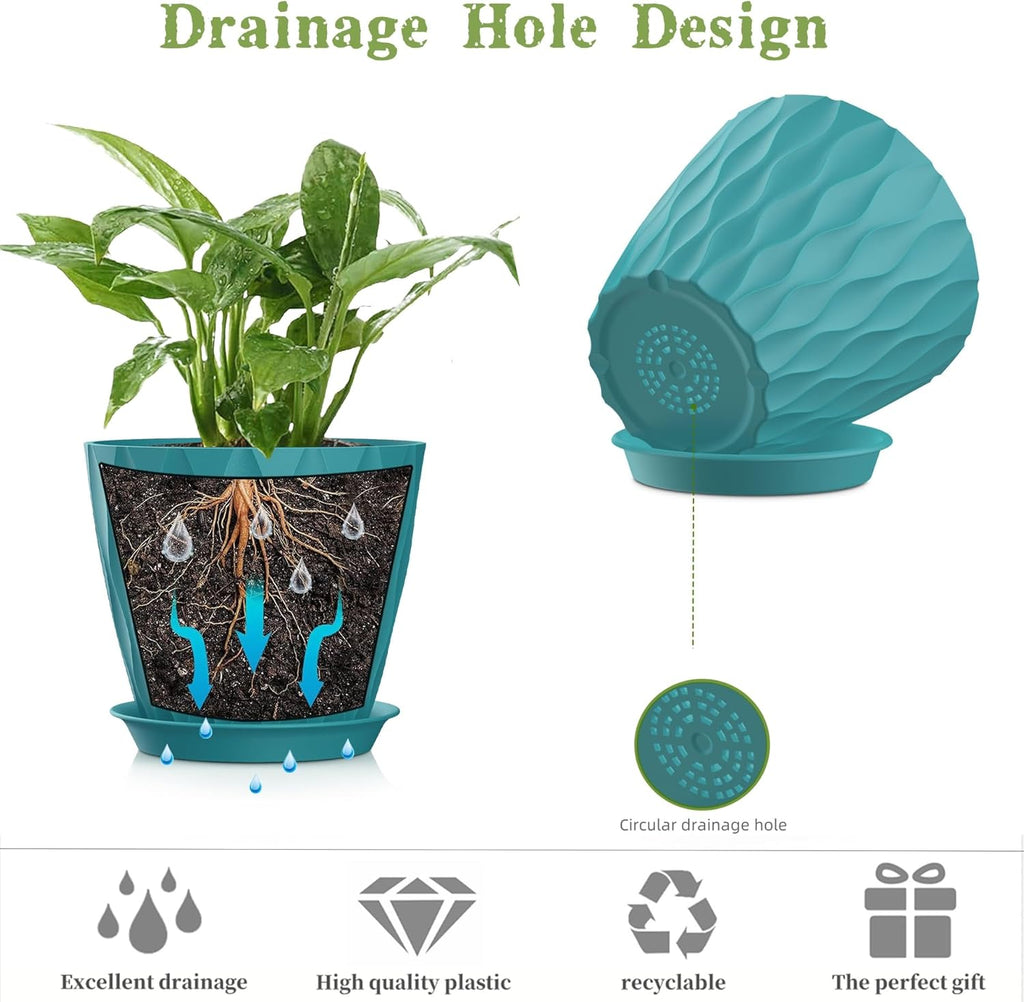 5 Inch Planter Pots, 6 Pack Indoor Planters, Small Flower Pots with Drainage Holes and Tray for Succulents, Orchids, Herbs and Other Indoor Plants (Blue-Green, 5inch)