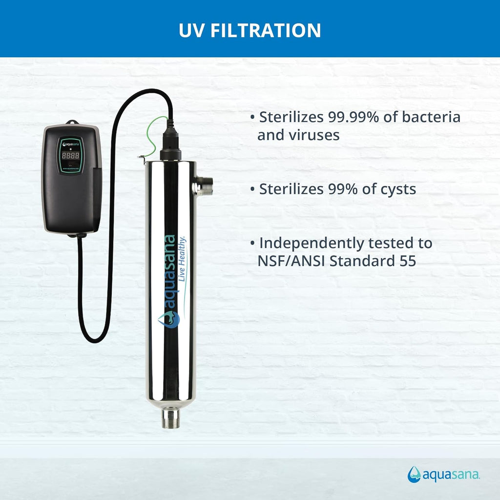 Aquasana Whole House Water Filter System | 1,000,000 Gallons | Salt-Free Softener Alternative | UV, Carbon & KDF | Tackles up to 99.99% Chlorine, Bacteria, Viruses, Cysts & Scale | EQ-1000-AST-UV