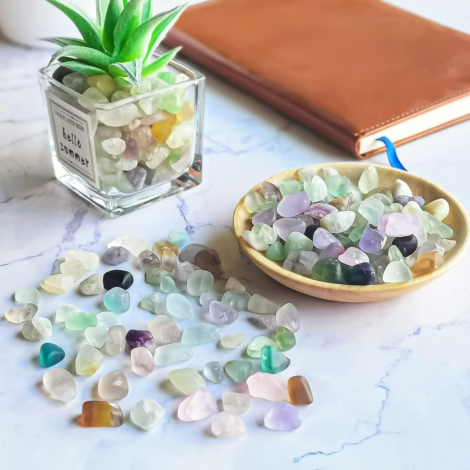 Keedolla 0.93 LB Fluorite Tumbled Chips Aquarium Fish Tank Gravel, Natural Crystal Quartz Stones Rocks Pebbles for Vase Fillers, Garden, Succulent Plants Decor