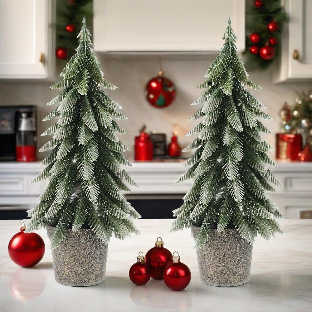 Mini Artificial Pine Trees in Decorative Pots, 2 Pack L Size Small Christmas Tree, Green Holiday Tabletop Christmas Trees Christmas Decorations for Bedroom Xmas Gifts (L)