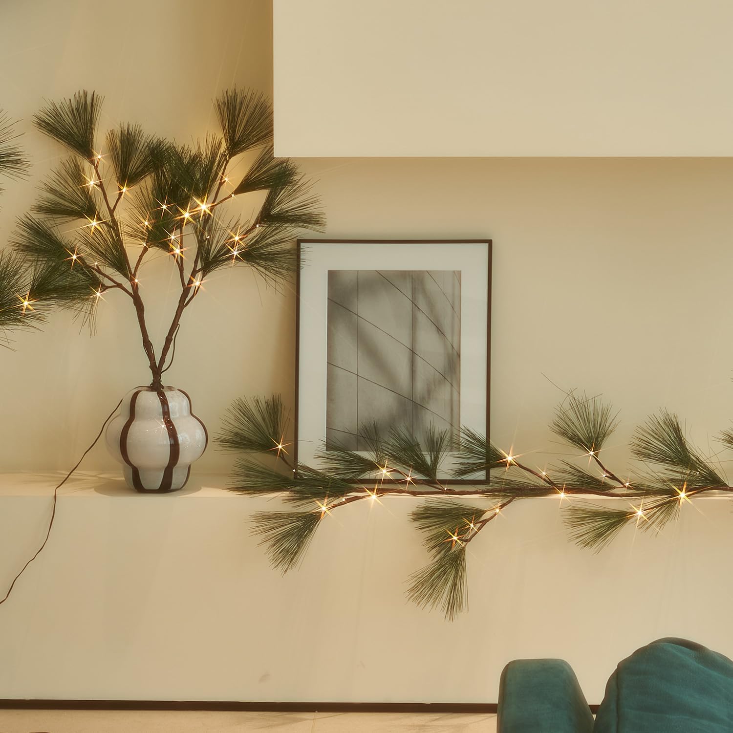 Fudios Lighted Christmas Pine Garland with Timer 6 FT Battery Operated or USB Plug, Artificial Greenery Garland Lights Home Holiday Fireplace Mantle Decor