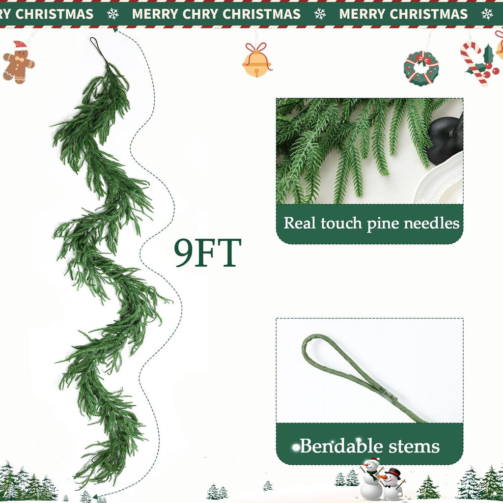 MIZII Christmas Garlands 9FT Artificial Norfolk Pine Garland Real Touch Faux Norfolk Pine Greenery Garland Christmas Decoration for Xmas Fireplace Mantle Home Decor Indoor Outdoor (Norfolk 9FT)