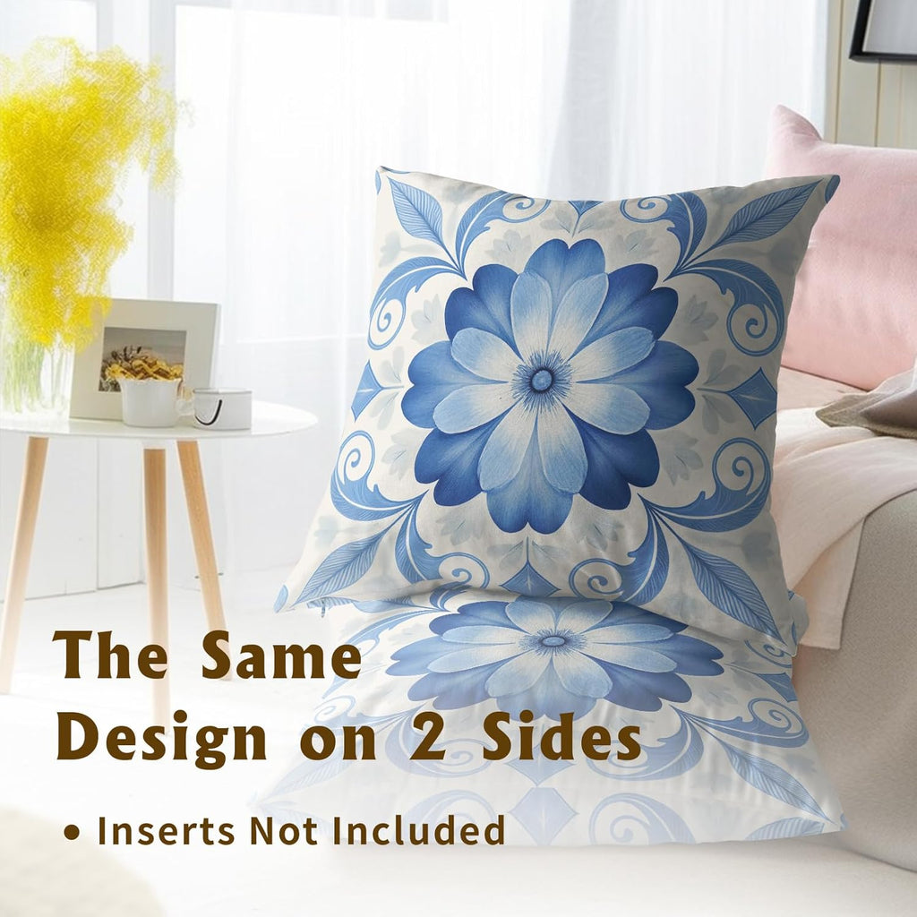 Blue White Moroccan Tile Throw Pillow Covers Set of 2 Ultra-Soft All-Season Pillow Shams with Hidden Zipper,Durable for Sofa Bed Car Decor & Gift Luxury 18x18IN