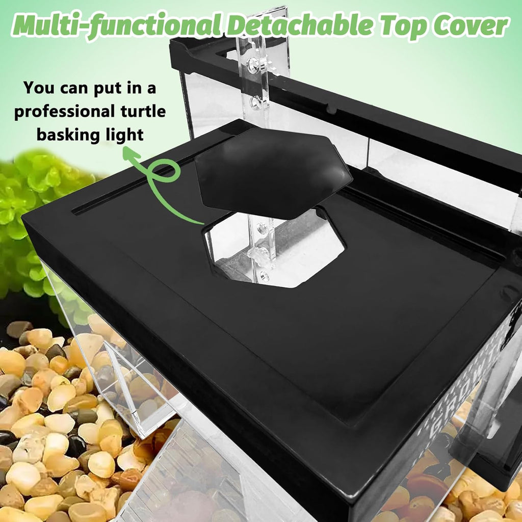Turtle Basking Platform 7.87 x 5.51 x 5.51inch Hanging Basking Platform for Aquatic Turtles with Lid and Ramp Adjustable Reptile Ramp Dock Turtle Tank Accessories (Small)