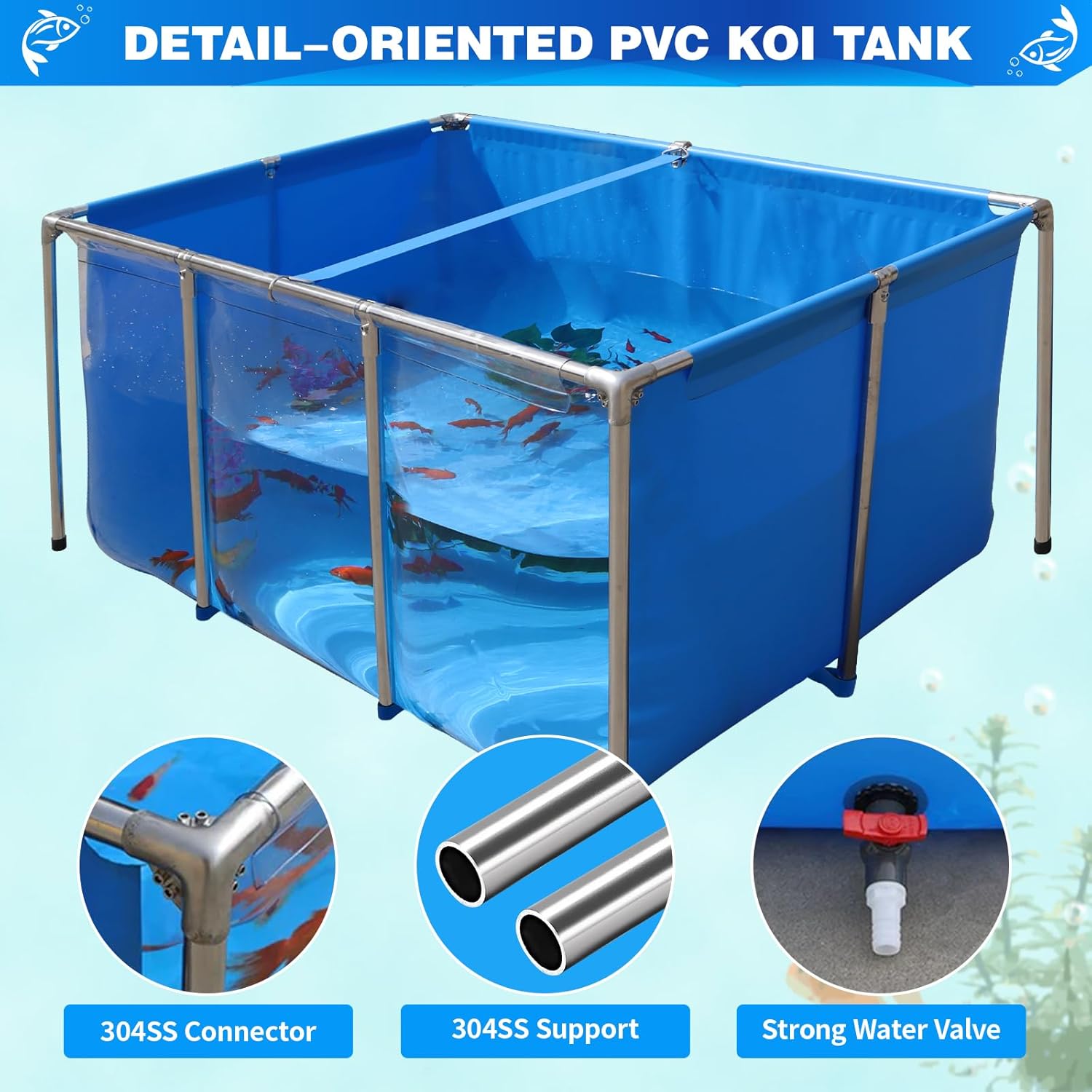 PVC KOI Aquarium Tank, Temporary Fish Tank with Clear Viewing Panel, KOI/Goldfish Pond with 304SS Frame & Drain Valve(59.0" L*31.5" W*27.6" H, About 200Gal Water Capacity)