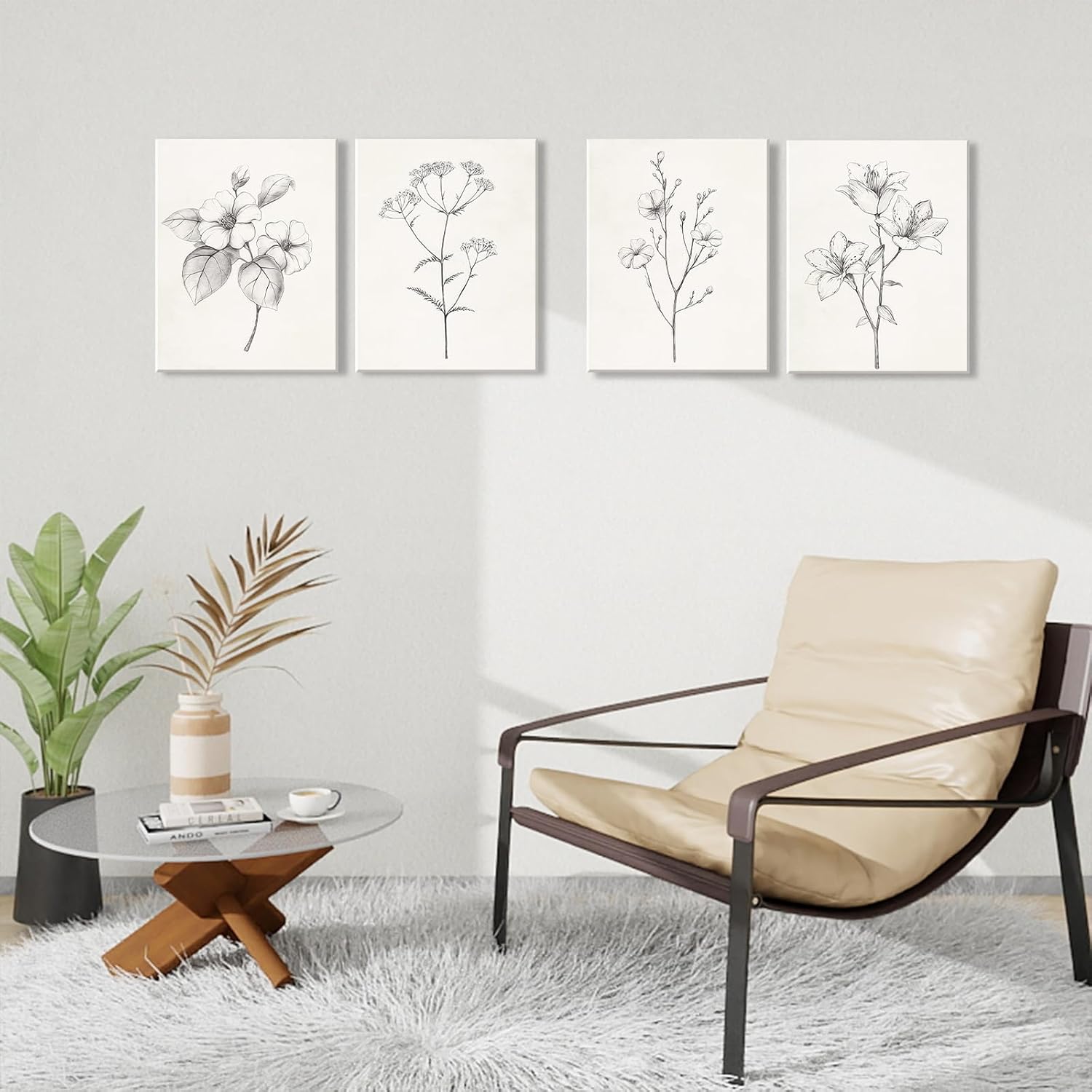 4pcs Framed Black and White Vintage Floral Sketch Wall Art Decor Canvas Print Wall Painting Picture Poster Minimalist Gallery Bedroom Living Room Office Decor Decoration 12x16 Inch Ready to Hang