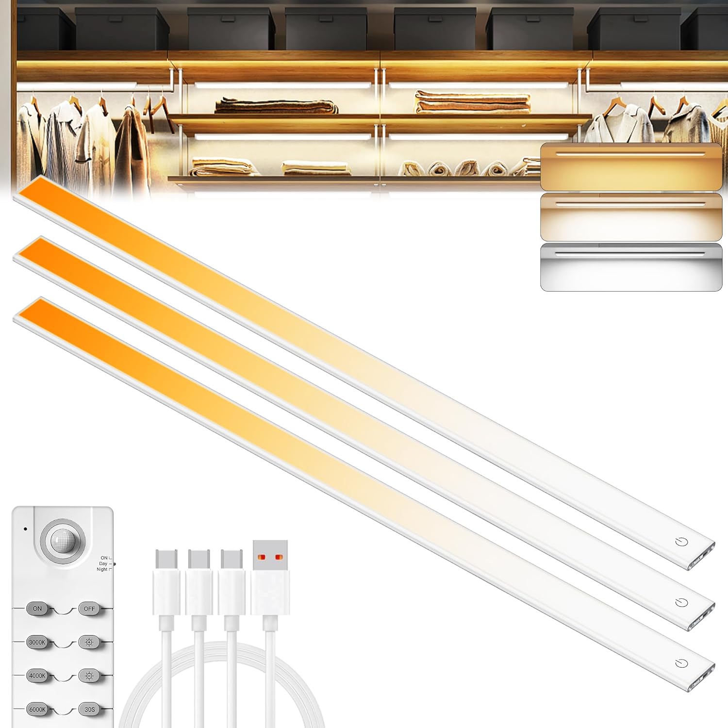 276 LED Under Cabinet Lights Wireless with Full Lighting,Rechargeable Closet Lights with Remote and Motion Sensor Indoor,Under Counter Light with CCT and Dimmable for Kitchen,Stair(3 Pack,31.5inch)