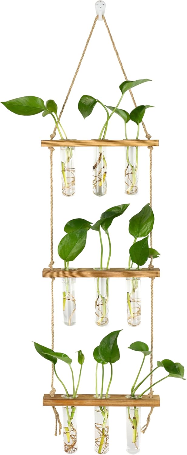 Wall Hanging Propagation Stations 3 Tired Wall Planter Terrarium with Wooden Stand and Glass Test Tubes Plant Hanger Flower Vase for Home Office Wall Decor Hydroponic Cuttings