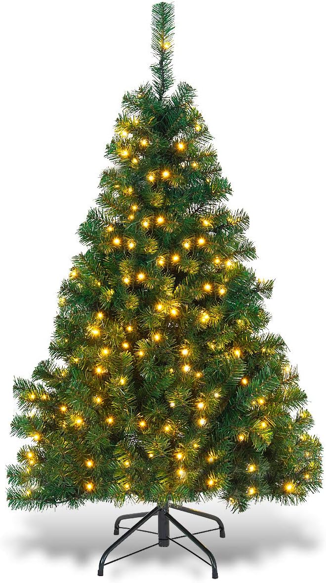 Goplus 4.5ft Pre-Lit Artificial Christmas Tree, Premium Spruce Hinged Xmas Tree with 200 LED Lights, Solid Metal Stand, UL-Certified Transformer, for Home Office Indoor Decor