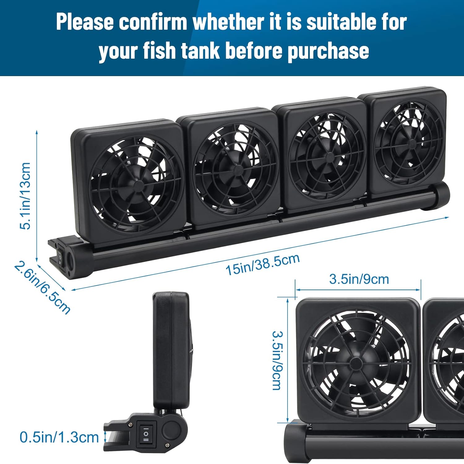 Aquarium Fan 2 3 4 Heads, Aquarium Chillers Cooling Fan Adjustable Fish Tank Cooling Fan with 2 Wind Speed Fan for Water Tank, Aquarium Tank Chiller (4 Head)