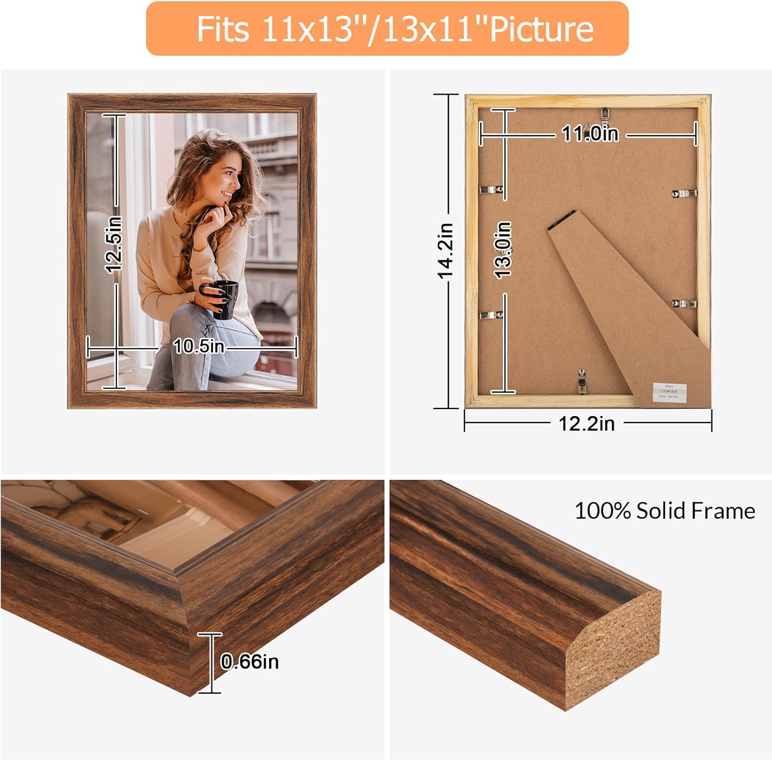 11x13 Wood Frame Brown, Natural Wooden 13x11in Picture Frames, Modern Golden 11 x 13inch Gallery Photo Pic Frame with HD Plexiglass, Horizontal Vertical Wall Mounting Tabletop Display 1Pcs
