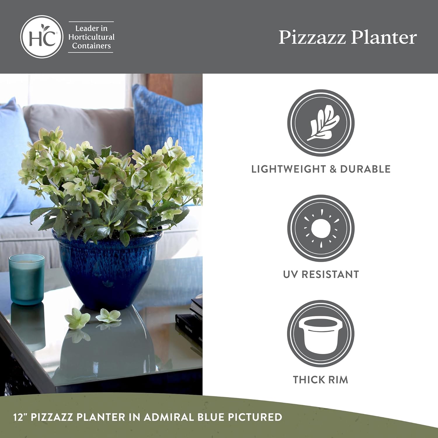 The HC Companies 9 Inch Pizzazz Round Planter Pots with Ceramic Look, Lightweight UV-Resistant Plastic Outdoor Planters, 2-Pack Flower Pots for Garden & Home Decor, Admiral Blue