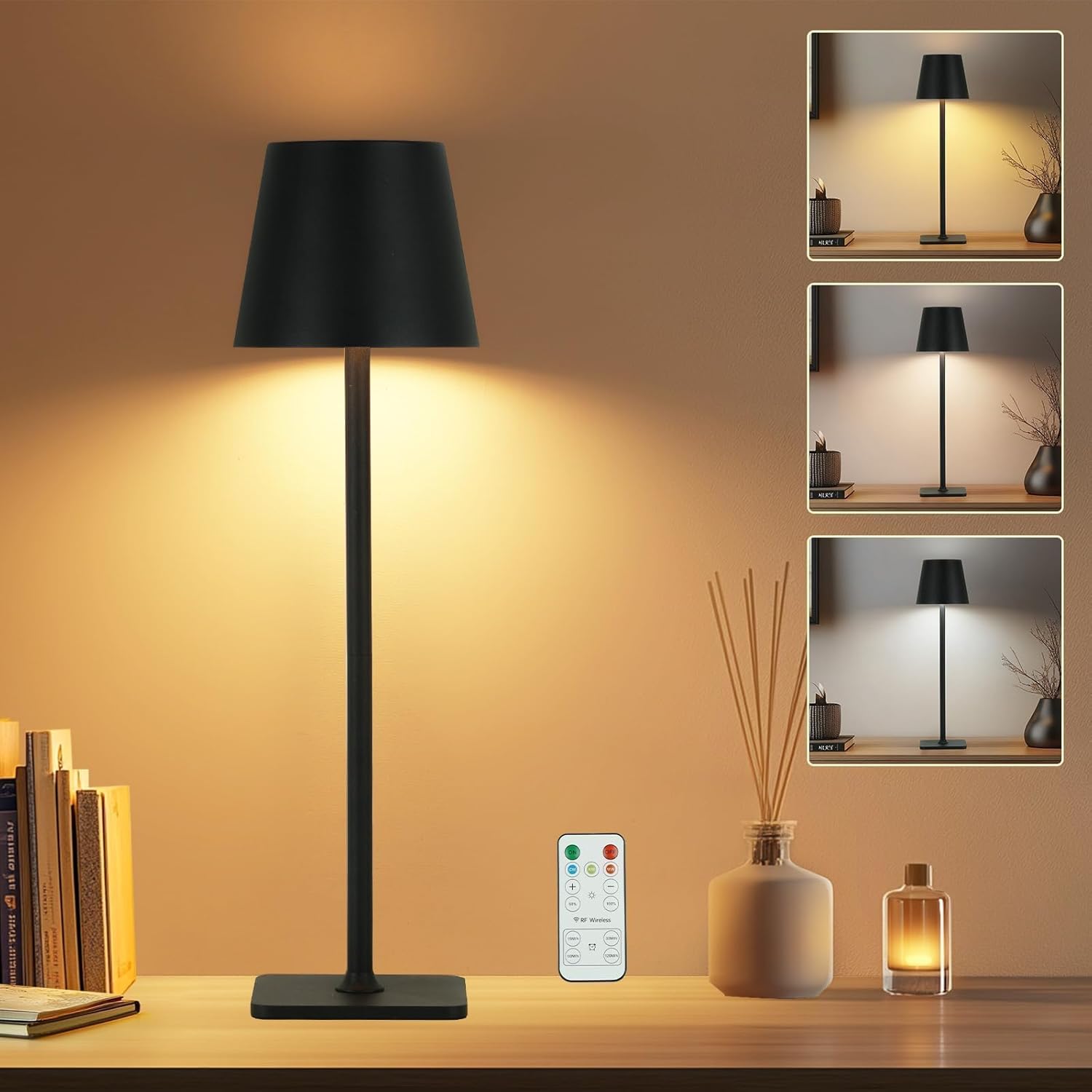 Cordless Table Lamp with Timer, Czgor Rechargeable 5200mAh Battery Operated Lamp with Remote, Adjustable Height, 3-Color Stepless Dimming, Small LED Table Lamp for Bedroom Dining Office Outdoor(Black)