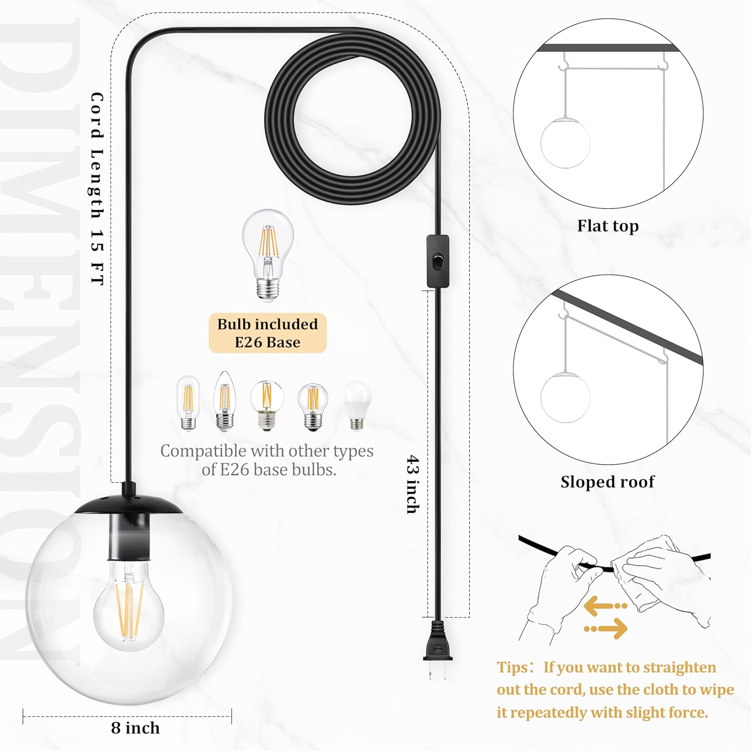 KoKo&Yukina 8" Globe Pendant Light Black Plug in Pendant Light Adjustable Hanging Lights with Plug in Cord Matte Black Finished with Clear Glass Lampshade for Bedroom Kitchen Island（Bulb Included）