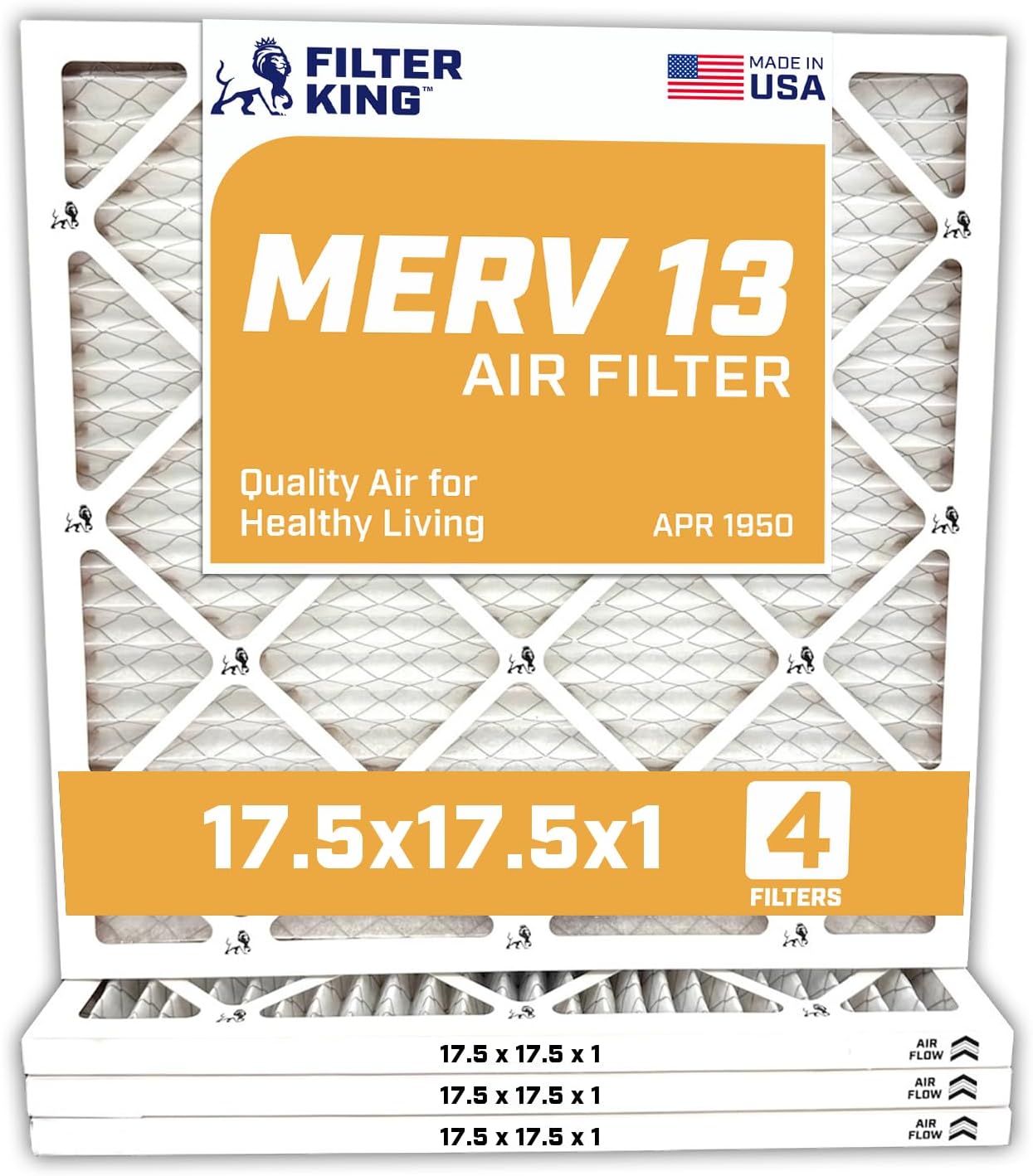 Filter King 17.5x17.5x1 Air Filter | 4-PACK | MERV 13 HVAC Pleated A/C Furnace Filters | MADE IN USA | Actual Size: 17.5 x 17.5 x .75"