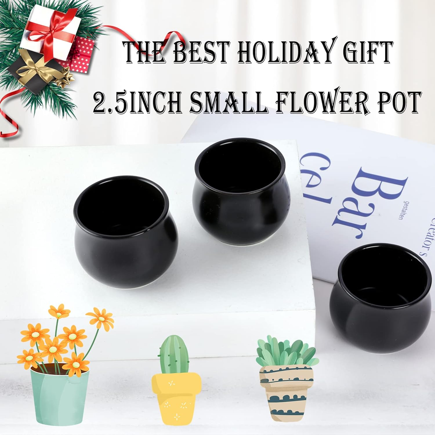8 Pack Succulent Plant Pot, Matte Black Mini 2.6 inch Ceramic Flower Planter Pot with Bamboo Tray, Small Pots for Plants, Plants Not Included
