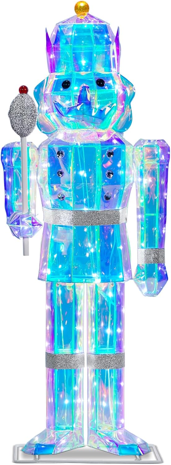 4FT Large Light-Up Giant Nutcracker Christmas Decor, Prismatic Iridescent Nutcracker Outdoor Soldier with 110 LED Pre-lit Lights, Plug-in Outdoor Nutcracker Decorations for Yard, Porch, Garden