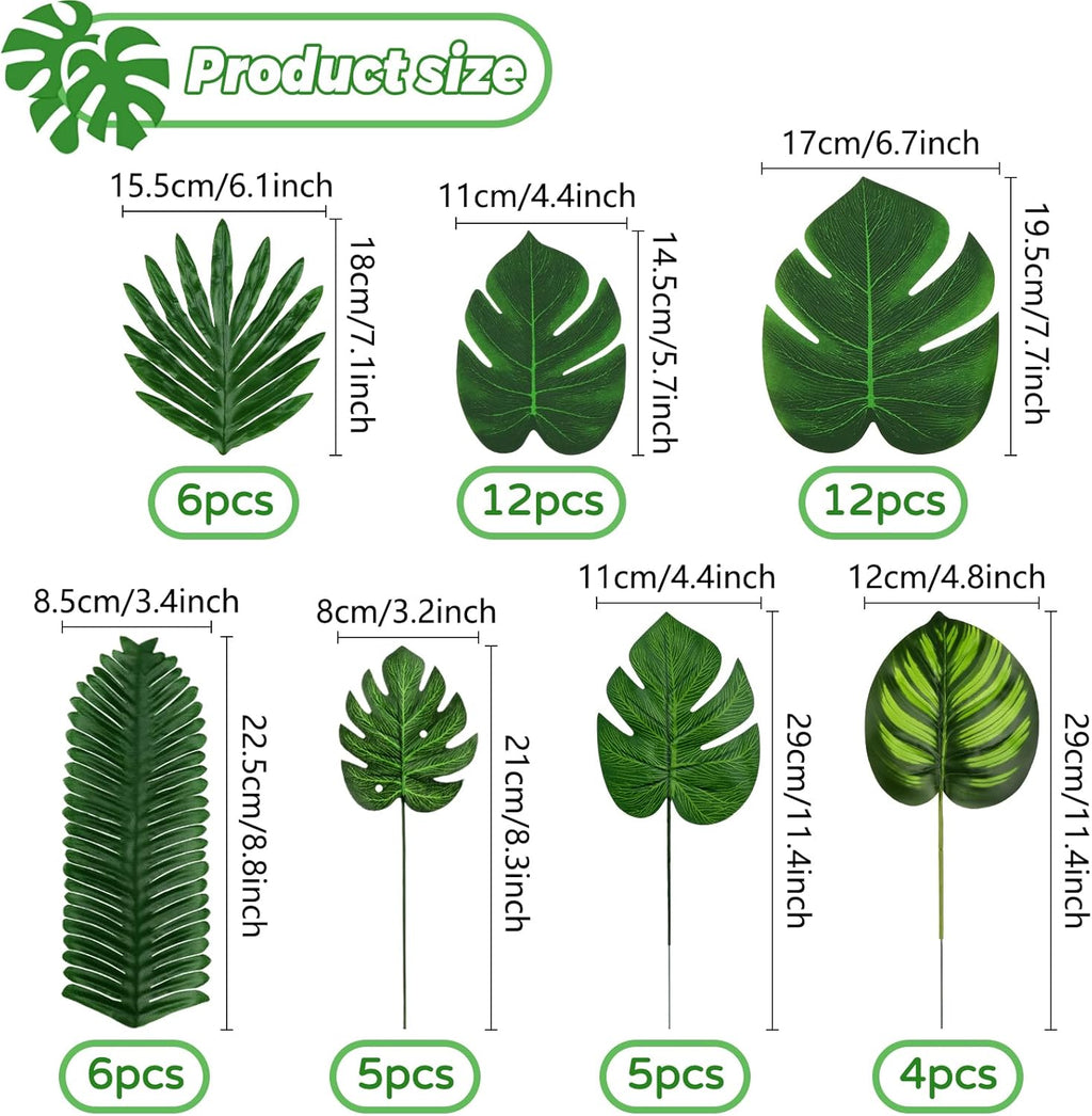 Tropical Party Decorations, 50 Pieces 7 Kinds Palm Leaves Artificial Tropical Monstera, Green Jungle Leaf with Stem for Jungle Hawaiian Luau Party Table Decoration Wedding Birthday