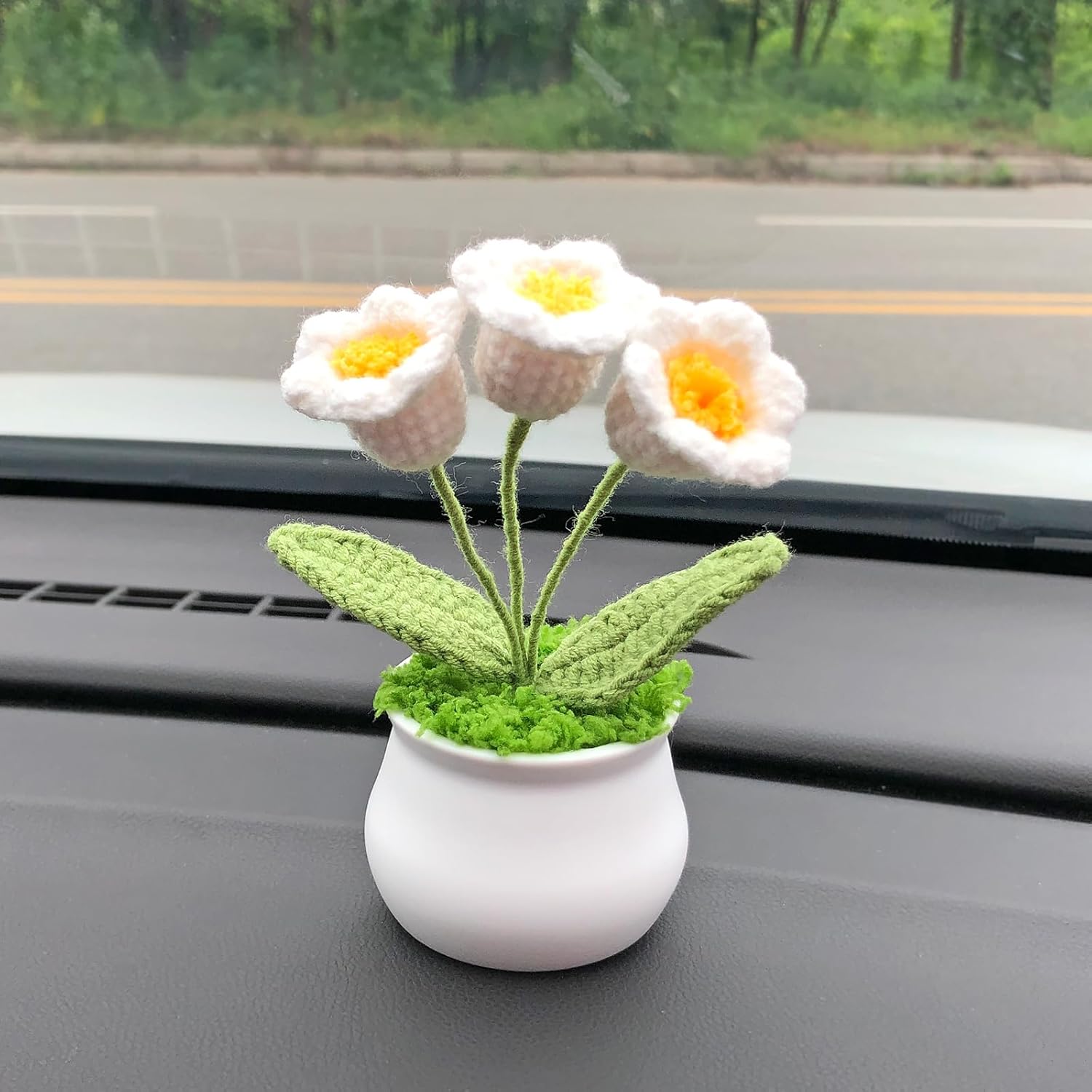 Crochet Flowers Cute Little Potted Flower, Gift for Birthday, Teacher’s Day, Graduation, Anniversary, Christmas, Decor for Car Dashboard,Home Office Decoration (White Lily of The Valley)