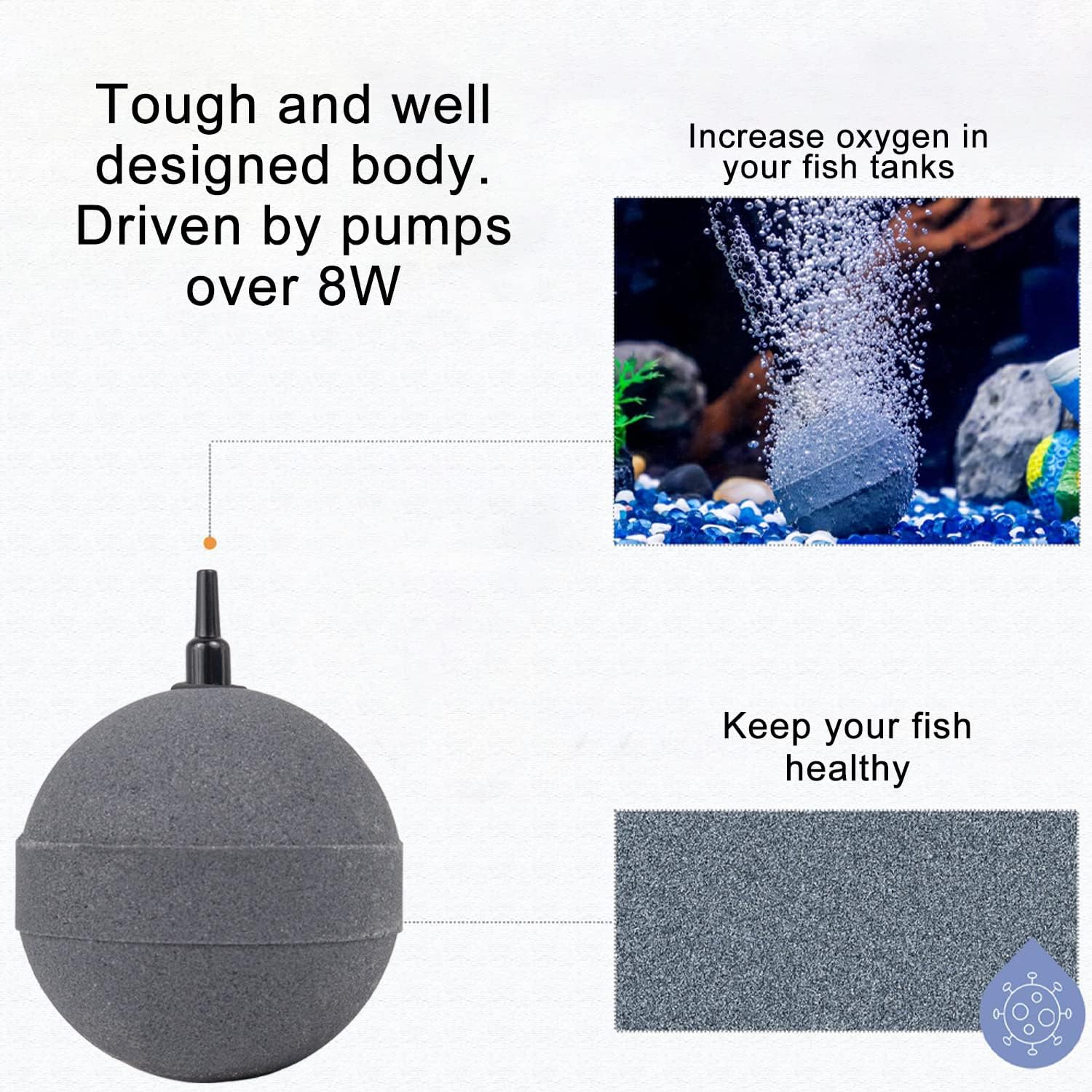 Air Stone Bubble Diffuser Ball - for Aquarium Air Pump and Fish Tanks, Gray, Pack of 10pcs