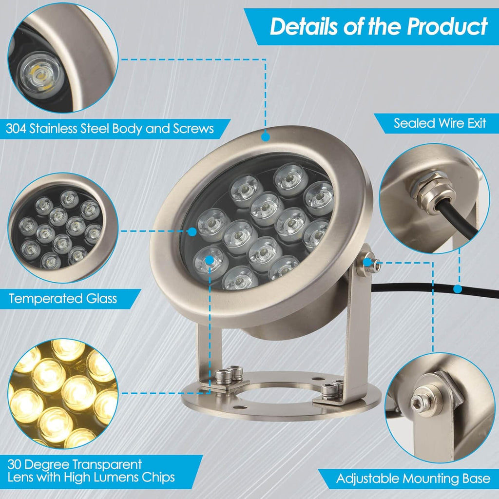 JSN&PC LED Underwater Lights 24W Warm White Color Pond Light for Party Swimming Pool Home Garden Fountain Water Rockery Grass Land