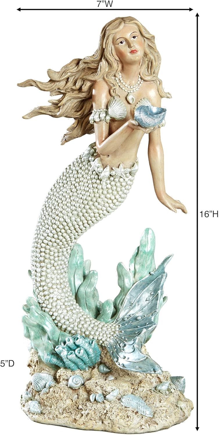 Touch of Class Oceana Mermaid Coastal Sculpture | Handpainted Resin Figurine | Pearlescent Accents, Blue Shell & Pearl-Toned Tail | 16" Decorative Mermaid Statue for Beach or Ocean Decor