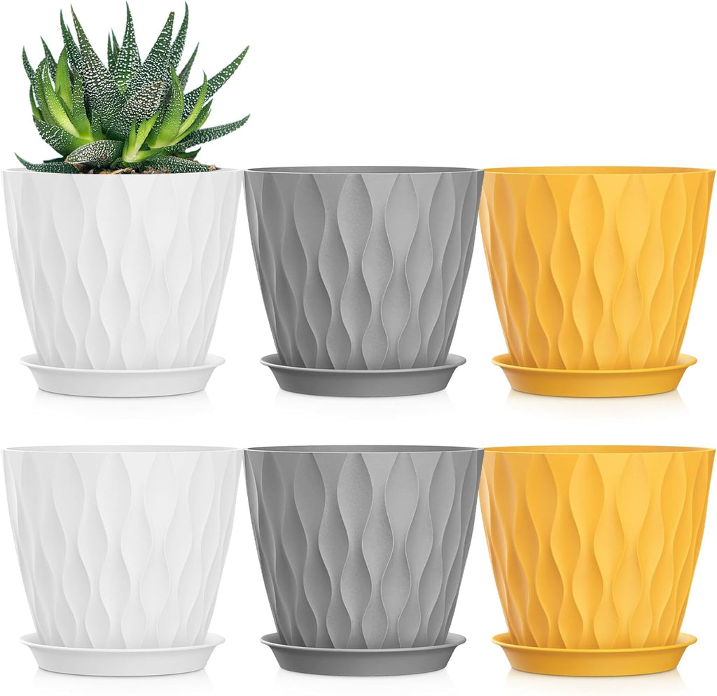 5 Inch Planter Pots, 6 Pack Indoor Planters, Small Flower Pots with Drainage Holes and Tray for Succulents, Orchids, Herbs and Other Indoor Plants (Orange+Grey+White, 5inch)