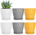 5 Inch Planter Pots, 6 Pack Indoor Planters, Small Flower Pots with Drainage Holes and Tray for Succulents, Orchids, Herbs and Other Indoor Plants (Orange+Grey+White, 5inch)