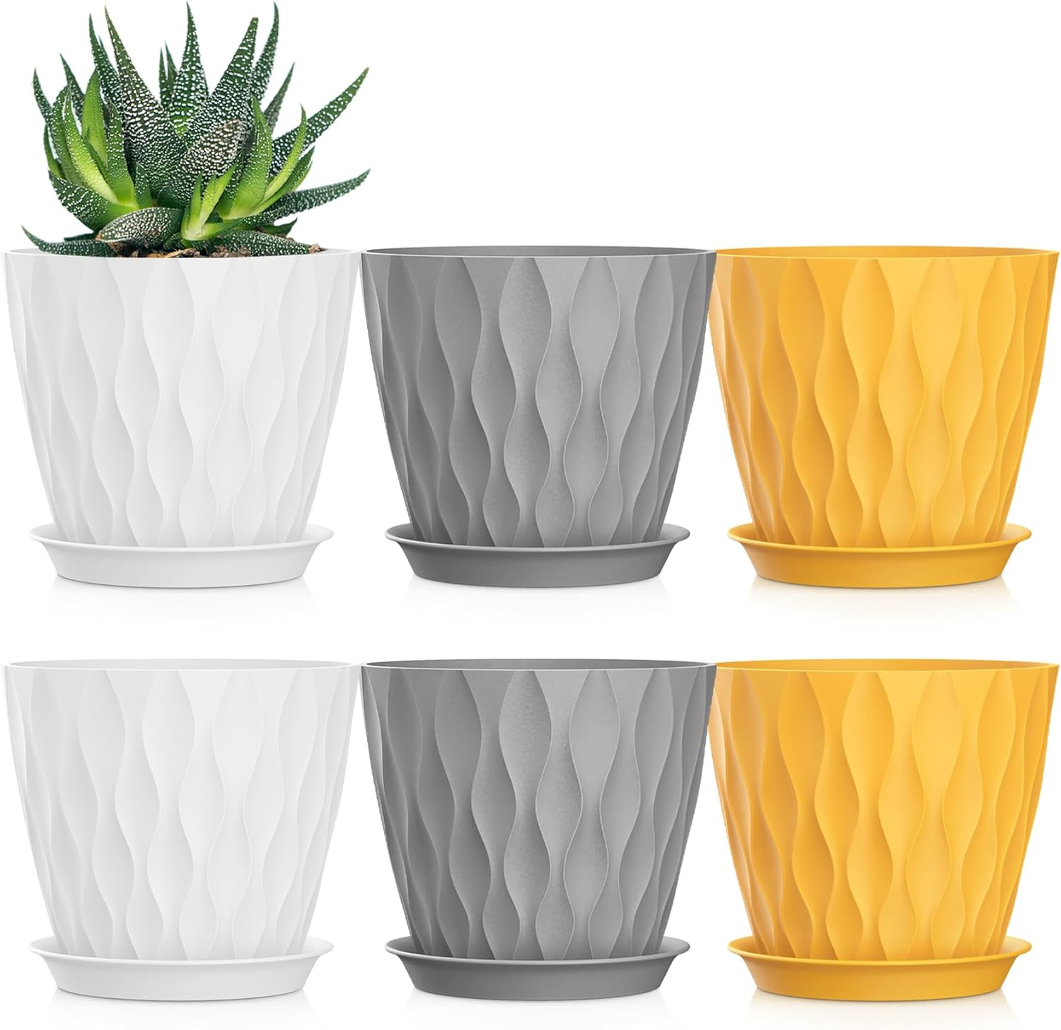 5 Inch Planter Pots, 6 Pack Indoor Planters, Small Flower Pots with Drainage Holes and Tray for Succulents, Orchids, Herbs and Other Indoor Plants (Orange+Grey+White, 5inch)