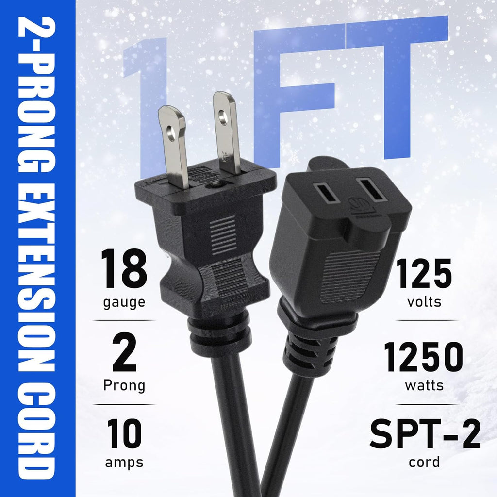 Kanayu 3pcs Black 2 Prong Extension Cords, Male and Female Power Cables, Flexible for Home, Office and Christmas Lights (1ft)