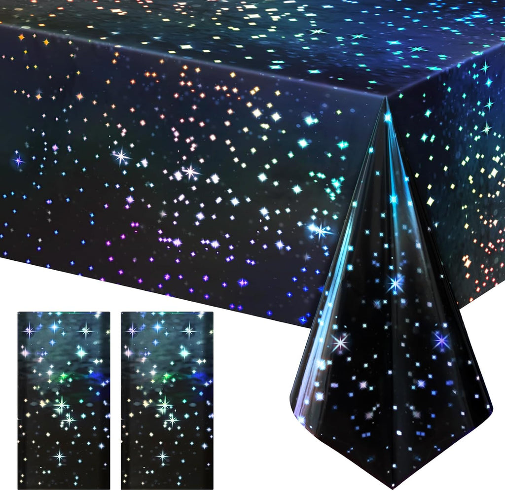 2 Pack Iridescent Galaxy Holography Tablecloth, 54'' x 108'' Color-Shifting Space Table Cover with Reflective Stars, Disposable Plastic, Waterproof & Durable for Starry Night, Birthday, Party Décor