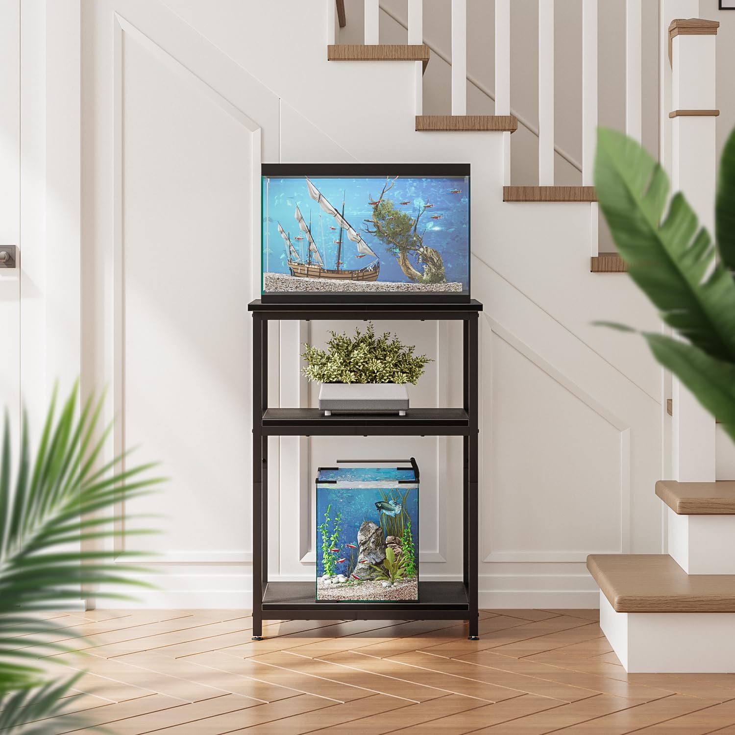 APPLOYN 5-10 Gallon Fish Tank Stand, Aquarium Stand with 3-Tier Storage Shelf, Heavy Duty Metal Frame for Turtle Reptile Terrarium Tank Stand, for Living Room, 20.5" L x 11.4" W x29.2" H, Black