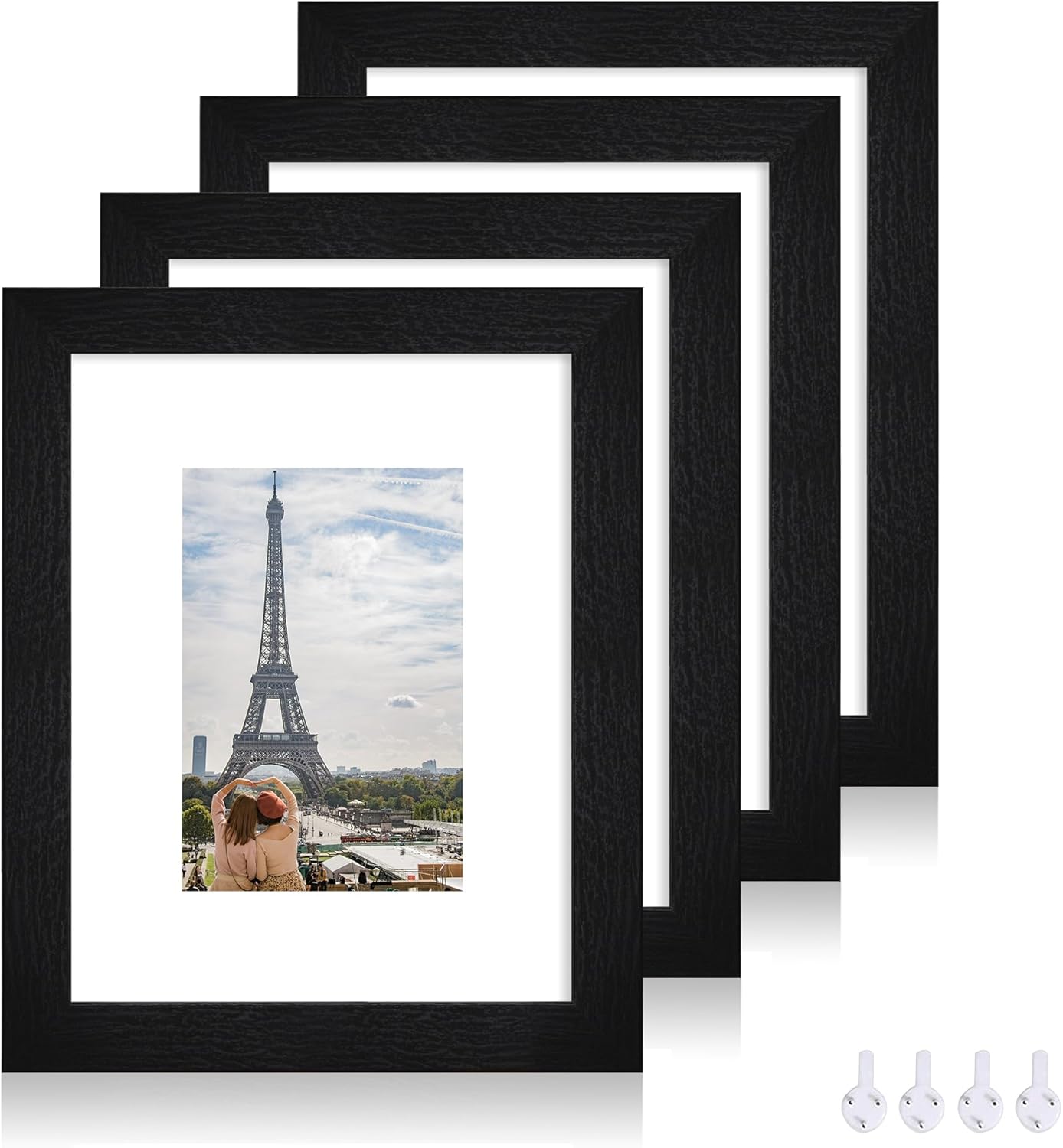 8x10 Picture Frame Set of 4, Made of Real Glass and Rustic Black Wooden Frame, 8 by 10 Photo for Wall or Tabletop - Display Picture 5x7 with Mat or 8x10 Without Mat