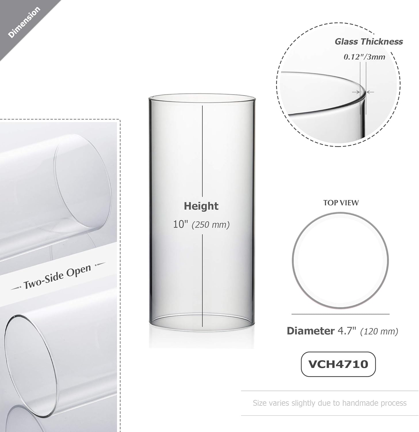 WGVI Hurricane Candle Holder Sleeve, Wide 4.7", Height 10", Clear Glass Cylinder Candleholder, Chimney Tube, Open Ended Candle Shade, 6 Pieces Bulk