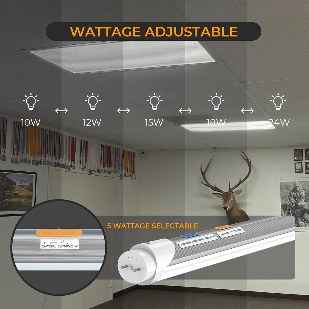 6PK T8 LED Bulbs 4 Foot, Frosted 10W-24W 5 Watt Selectable 6 CCT 3000K-6500K, Type A+B Plug & Play or Ballast Bypass 4ft Fluorescent Tube Light Bulbs Replacement, Single Double-Ended Input