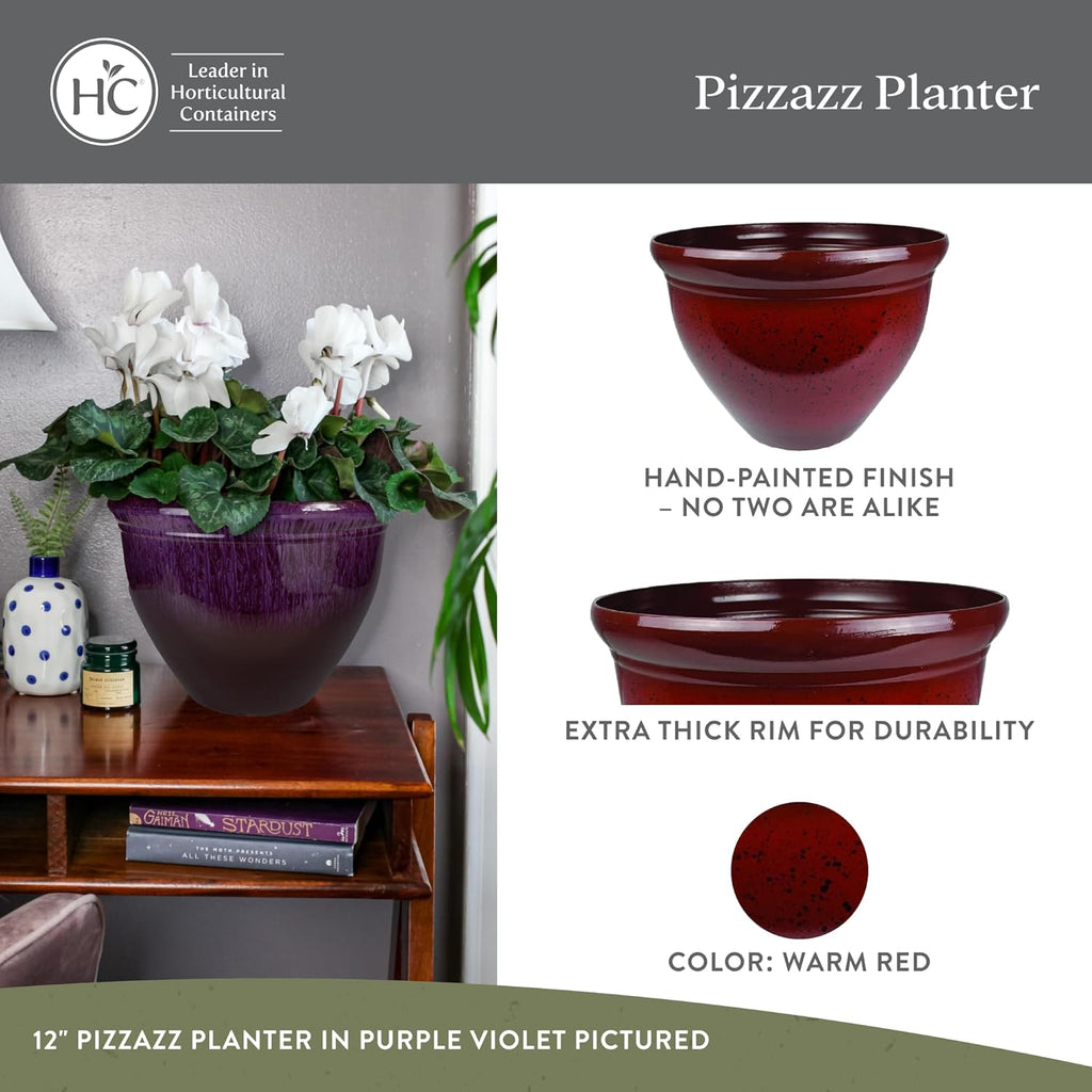 The HC Companies Pizzazz Decorative Round Flower Pots w/Ceramic Look - UV-Resistant Decorative Pot for Outdoor & Indoor Plant Pots - Modern Planter for Flower, Herbs (12” Warm Red, Pack of 1)