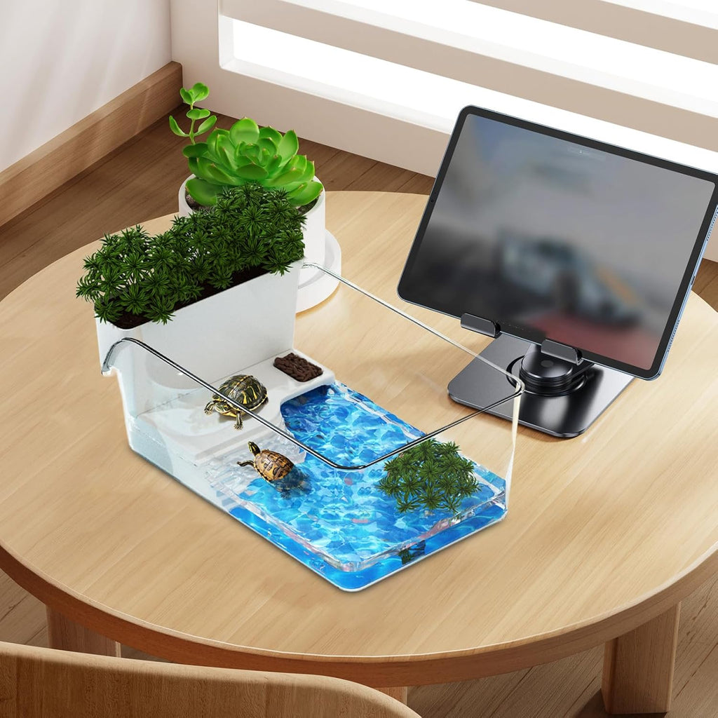 Clear Turtle Habitat - Mini Crab Feeding Area, Decorative Basking Platforms, Small Tortoise Terrapin Enclosure | Educational Reptile Terrarium Setup for Pet Adoption Preparation Eco Friendly Aquarium