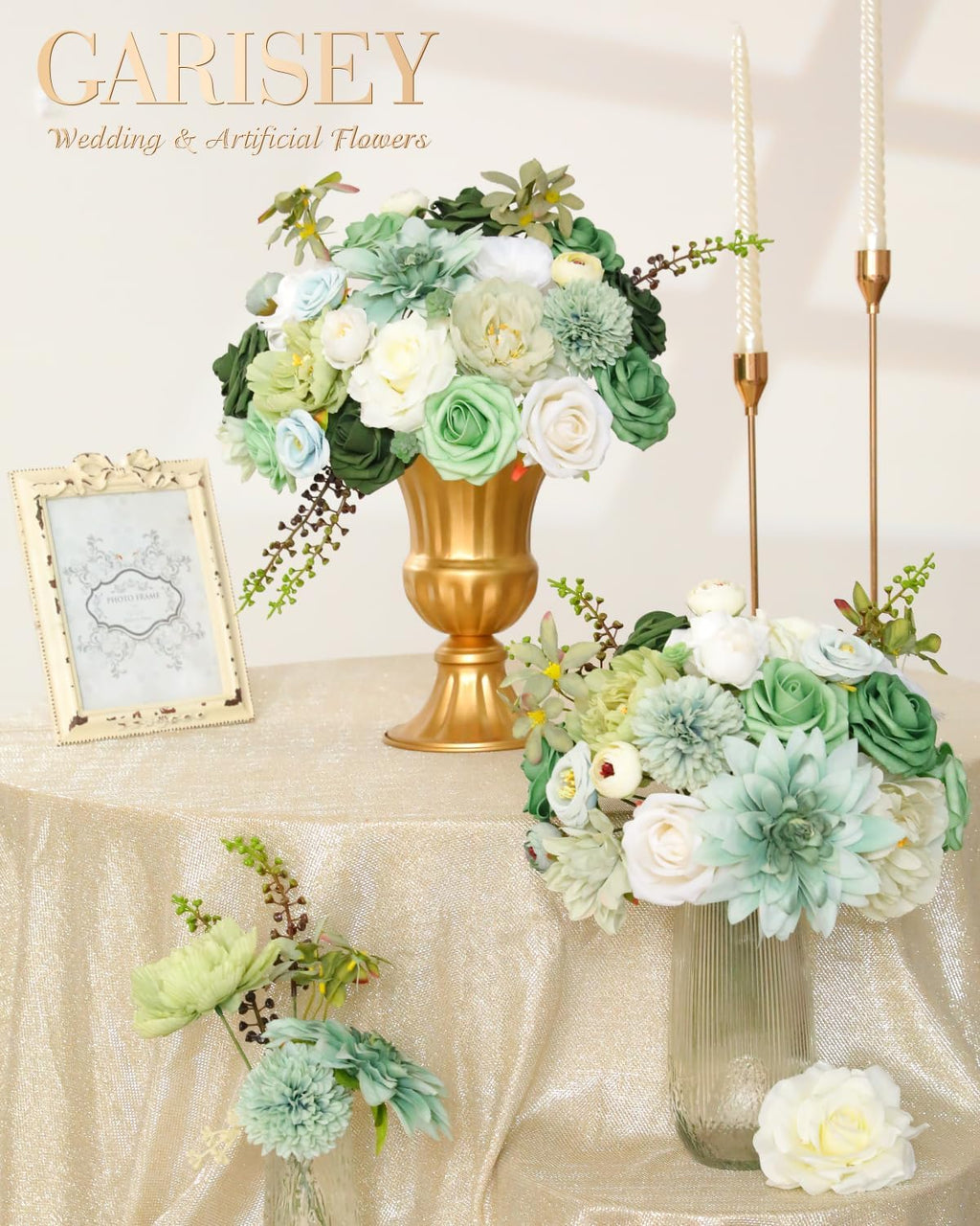 Artificial Flowers Combo, Mix Silk Flowers Roses, Peonies, Dahlias with Stems for DIY Wedding Bridal Bouquet, Baby Shower, Table Centerpieces, Home Decor, Fake Floral Arrangements-Forest Green