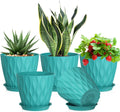7 inch Plant Pots for Indoor Outdoor Plants, 5 Pack Thick Flower Pots with Drainage Holes and Saucers, 3D Modern Wave Texture Plastic Planter Pots for Nursery and House Plants, Blue Green